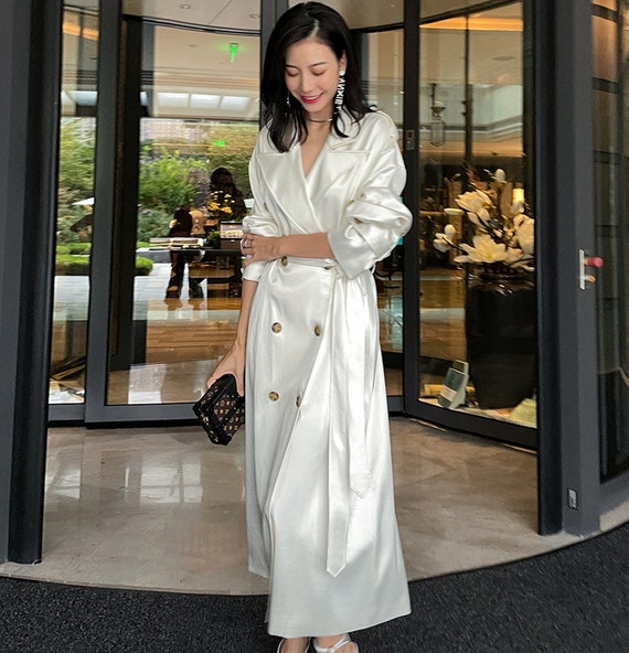 White Classic Satin Long Trench Dressdouble-breasted Suit - Etsy