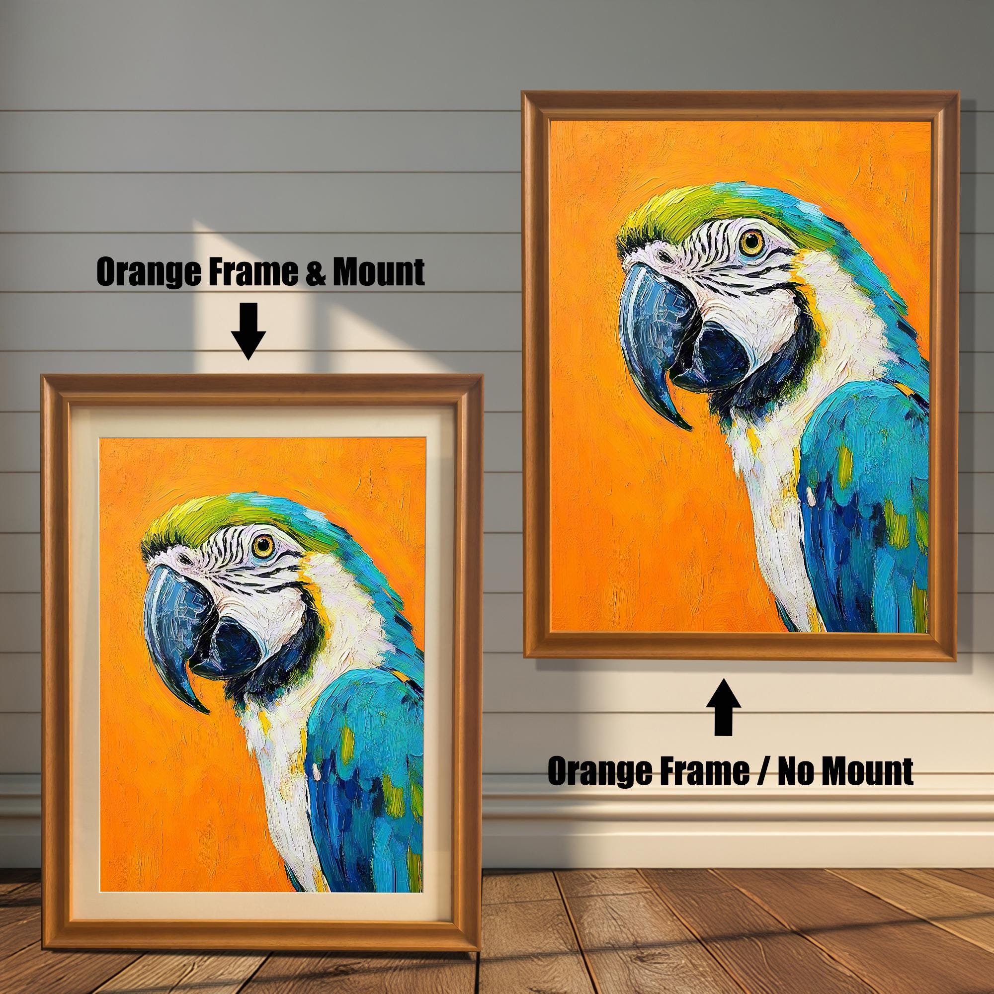 カラフルなコンゴウインコの絵画プリント、木製フレームの壁アート