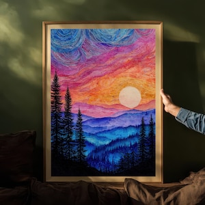 Vibrant Sunset Mountain Landscape Painting Art Printable | Psychedelic Sky Digital Print Wall Art | Colorful Forest Peaks Wall Decor