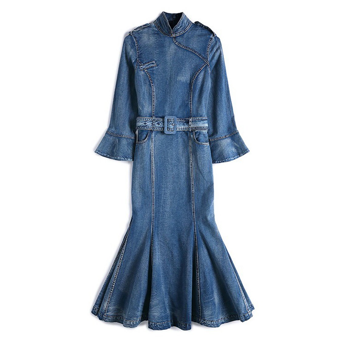 Women's Blue Denim Dressslim Fitted Midi Dressstretchy Etsy