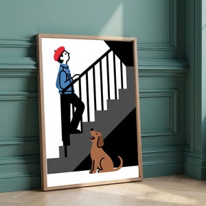 Loyal Dog & Owner Stairs Art Printable | Whimsical Minimalist Pet Love Digital Decor | Instant Download Home Wall Art, Companion Artwork