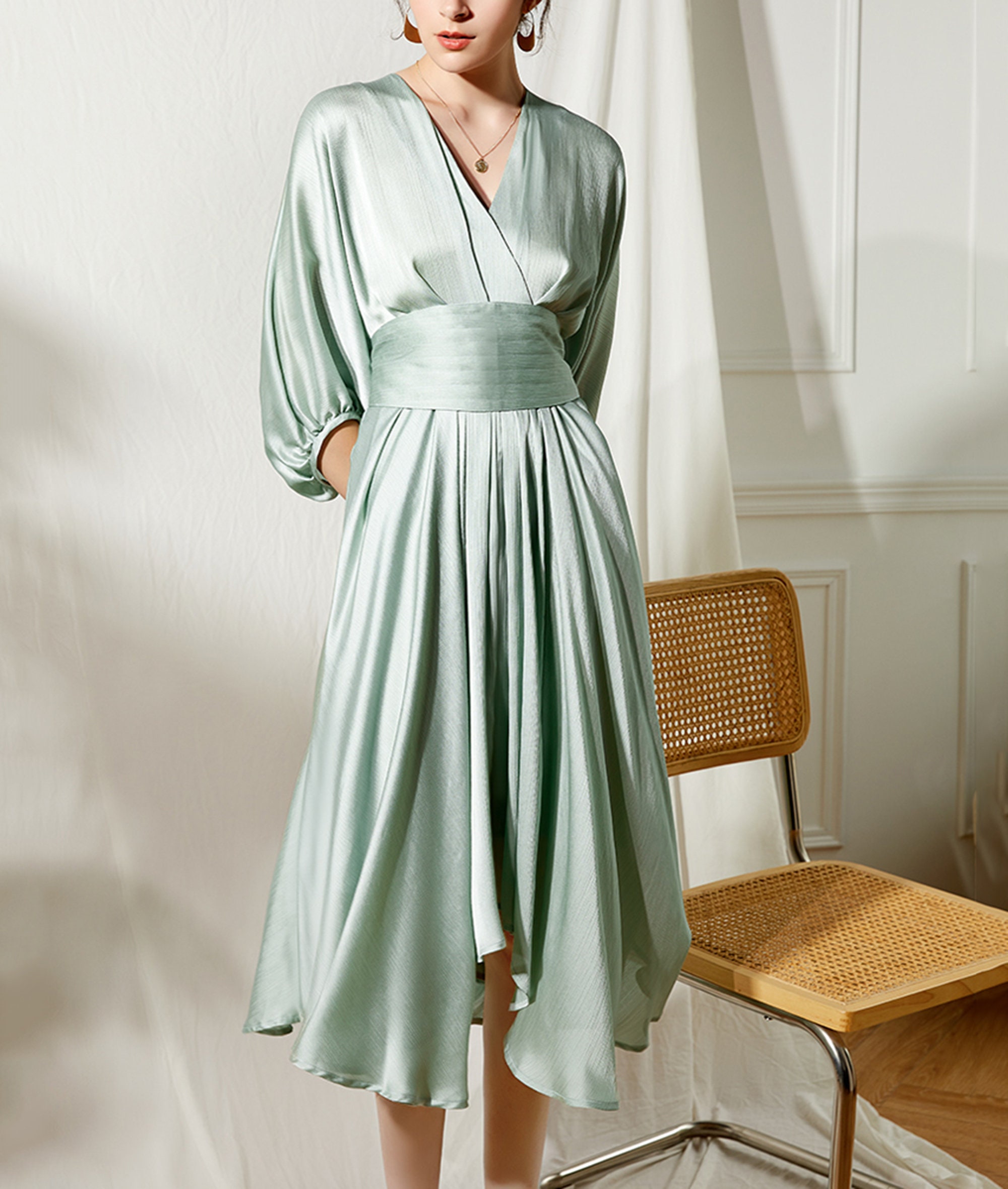 Mint Green Puff Sleeve V Neck Belted Cocktail Dress Evening Etsy