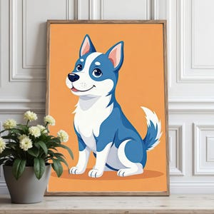 Adorable Cartoon Blue Husky Puppy Dog Digital Wall Art | Cute Puppy Wall Decor Printable | Instant Download Nursery & Kids Room Print