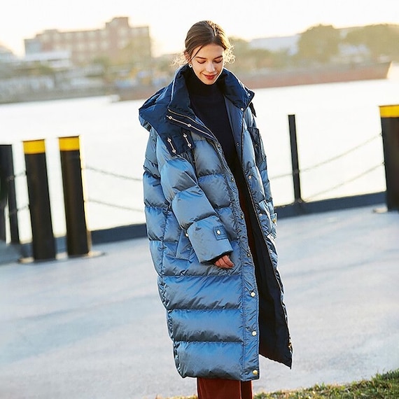 Vrouwen lange jas blauwe capuchon dons oversized - Etsy België