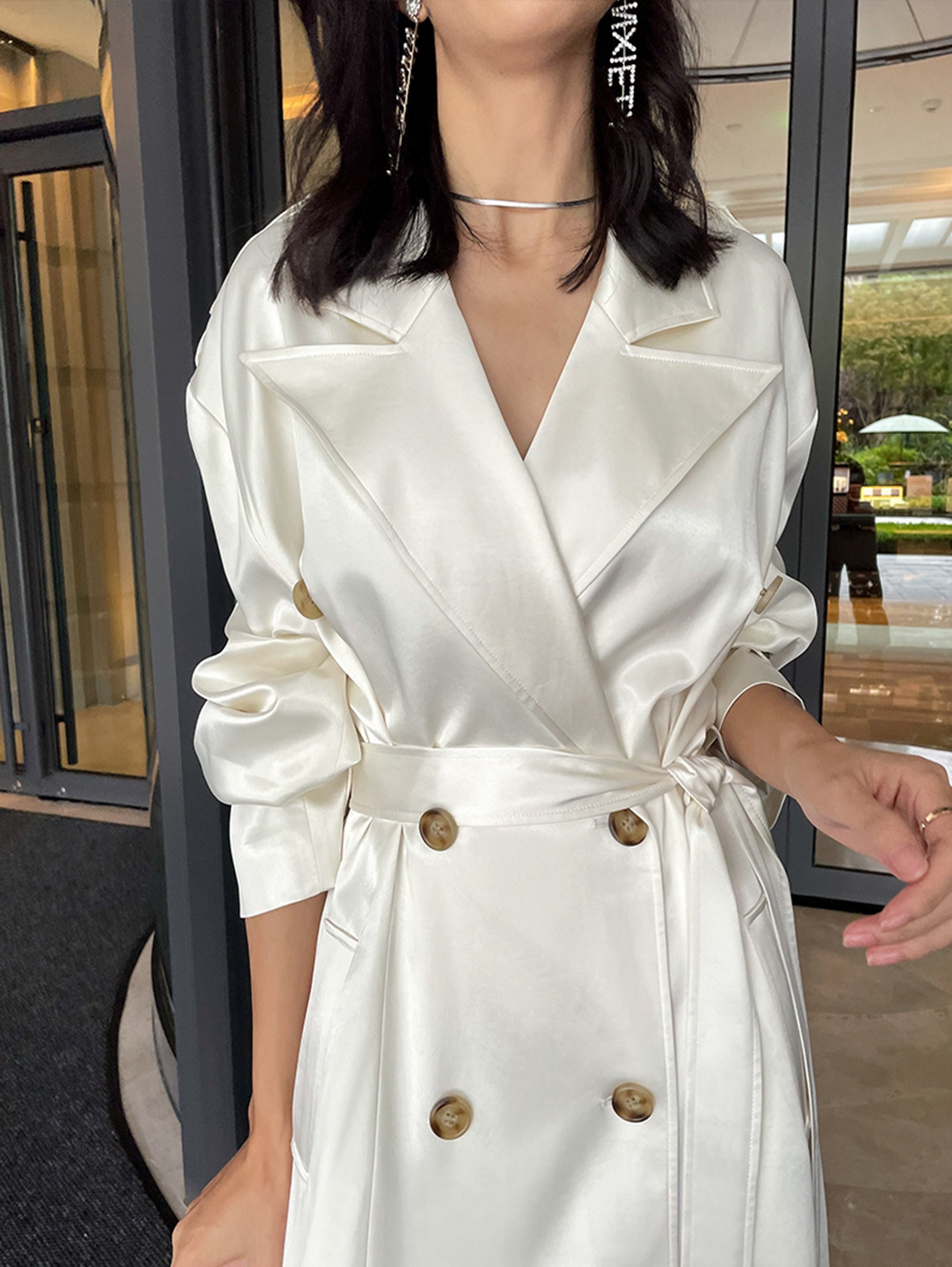 White Classic Satin Long Trench Dressdouble-breasted Suit - Etsy ...