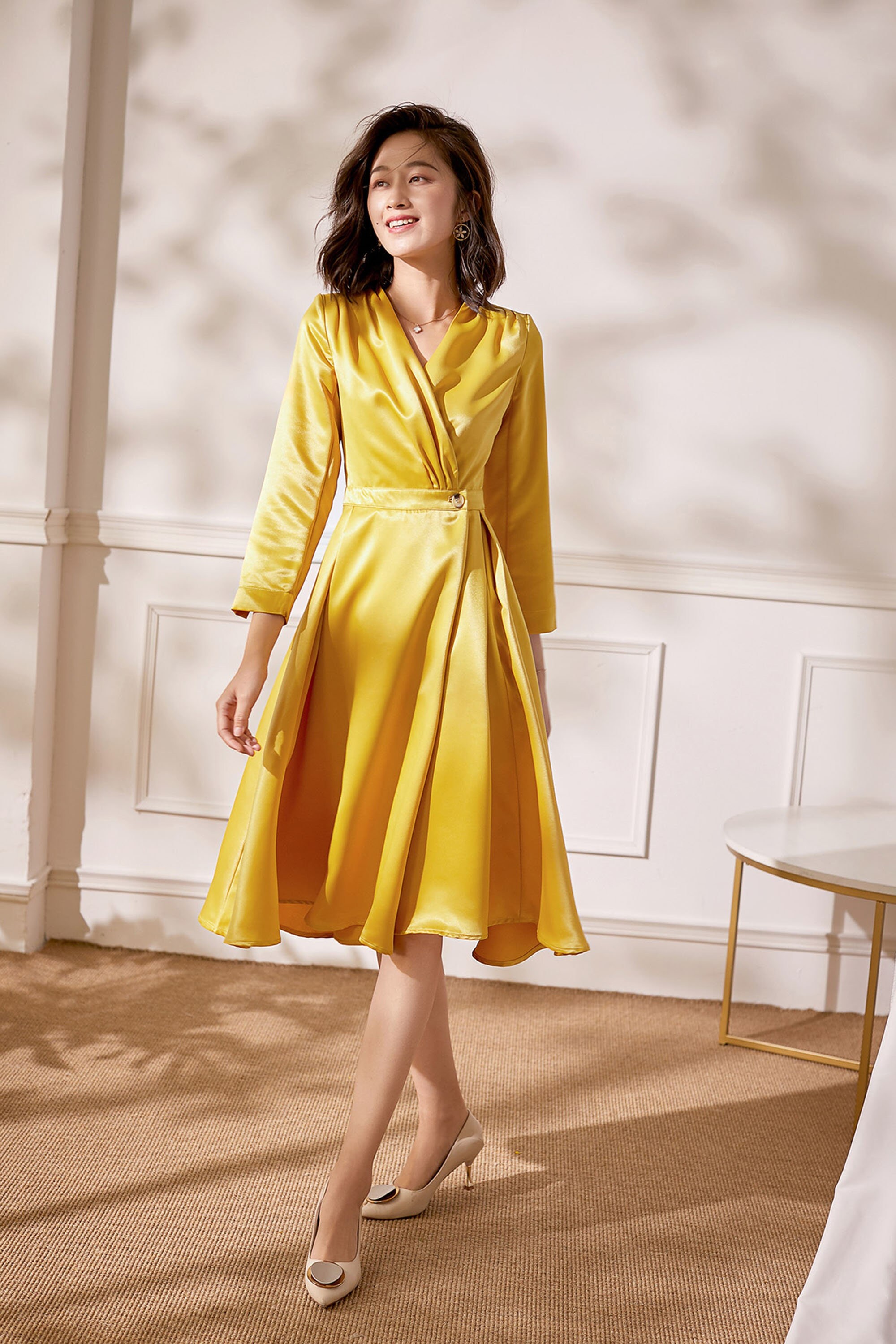Yellow Satin Dress - Etsy