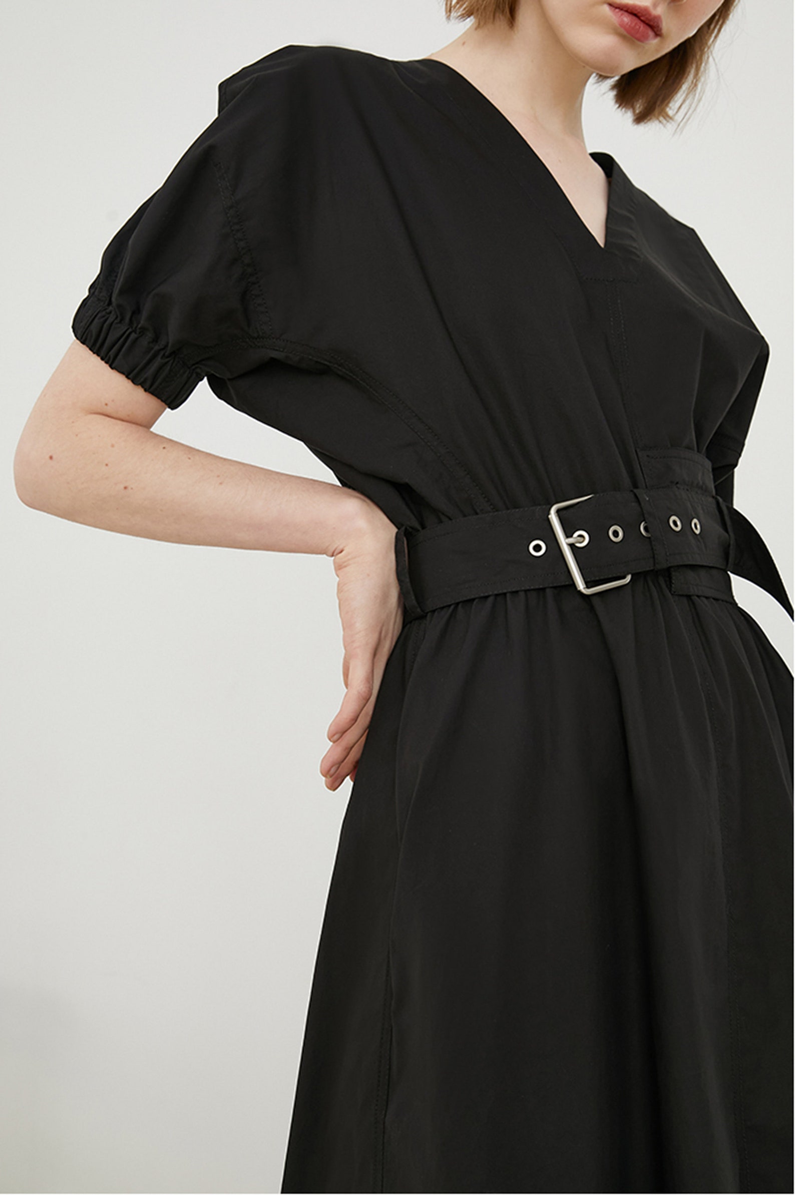 Puff Sleeve Belted Black Dress/Vneck Short Sleeve Midi Dress Etsy