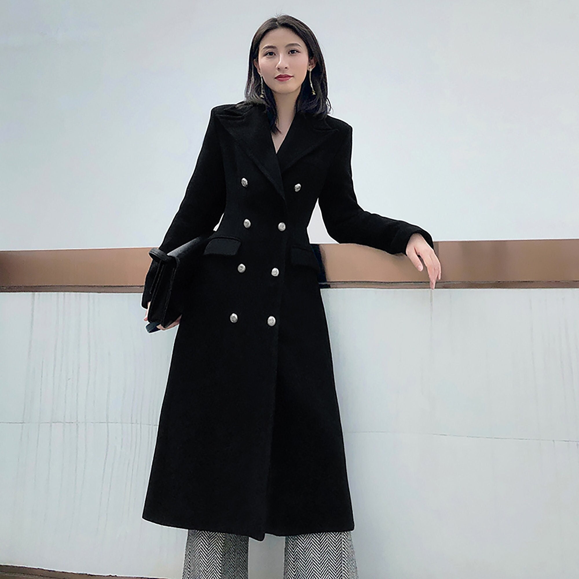 Women's Black thick Wool CoatDouble breasted wool - Etsy 日本