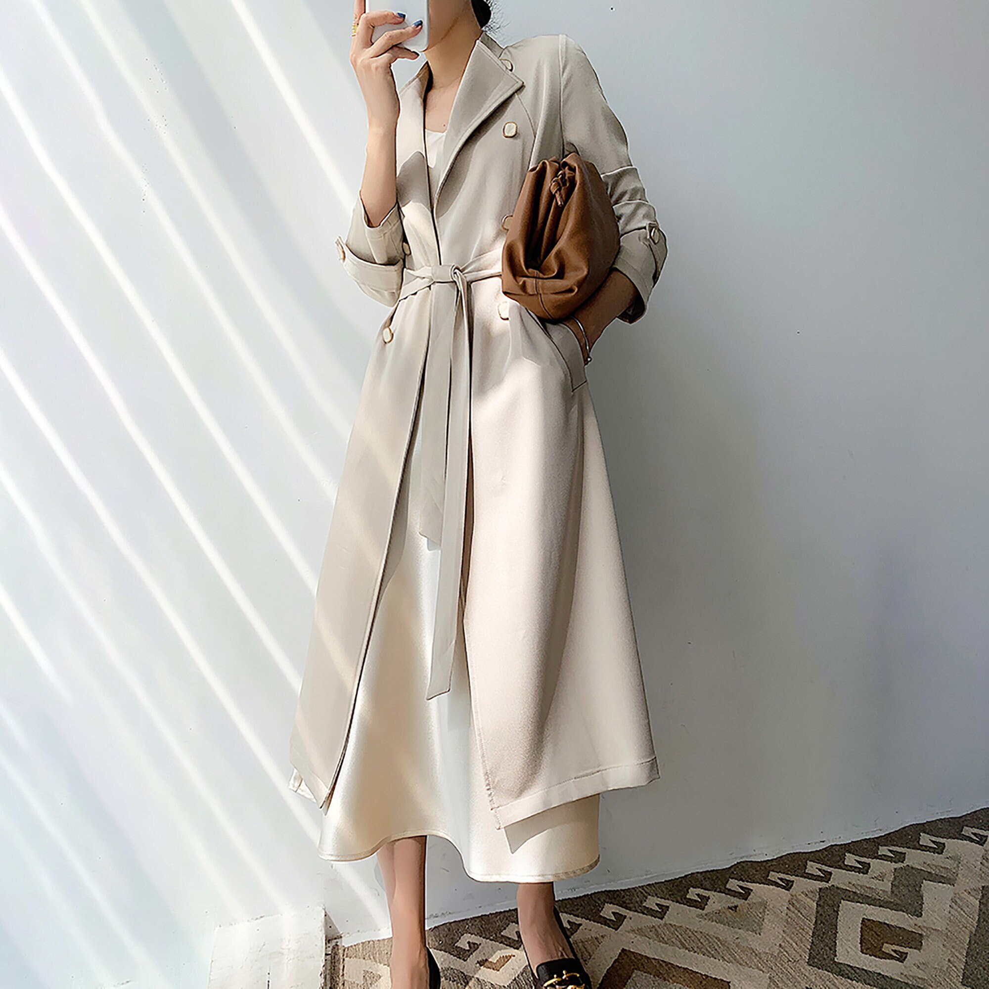 Women's Beige Satin Trench Coatkhaki Contrast Double - Etsy