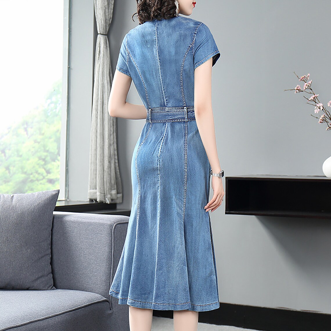 Women's Blue Denim Dressslim Fitted Midi Dressstretchy Etsy