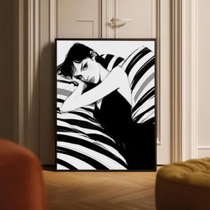 Chic Striped Black & White Woman Art | Modern Female Portrait Illustration | Stylish Digital Wall Art Printable Chic Wall Decor Minimalist
