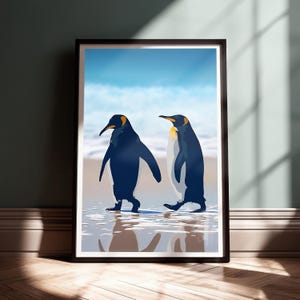 Spacerujące pingwiny cesarskie do wydrukowania | Natychmiastowe pobieranie cyfrowe | Minimalistyczna dekoracja ścienna ze zwierzętami | Ilustracja dzikiej przyrody na plaży nadmorskiej