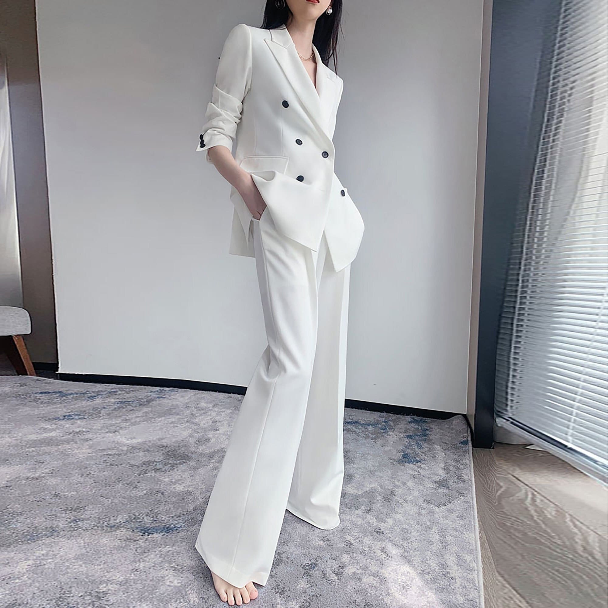 Women Two Piece Suits Long Sleeve Double-breasted Blazer Pants
