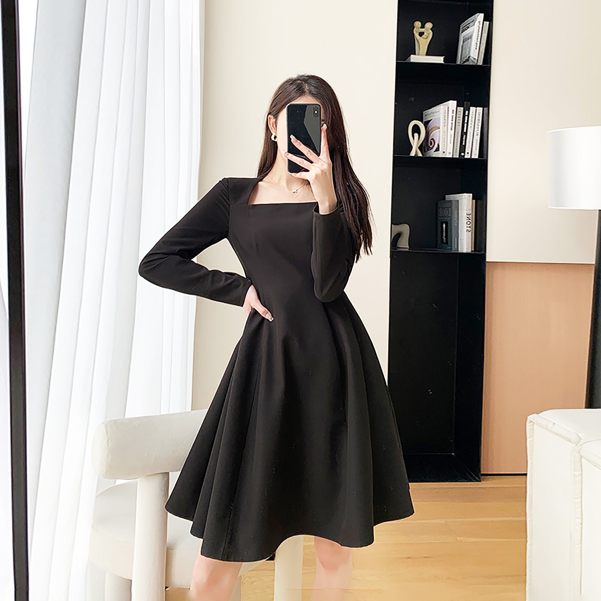 Black Dress Womensquare Neck Dresslong Sleeve Dressspring - Etsy Ireland