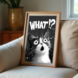 Funny Cat WHAT Digital Art Printable | Black & White Pet Portrait | Humorous Animal Wall Decor | Instant Download Home Art