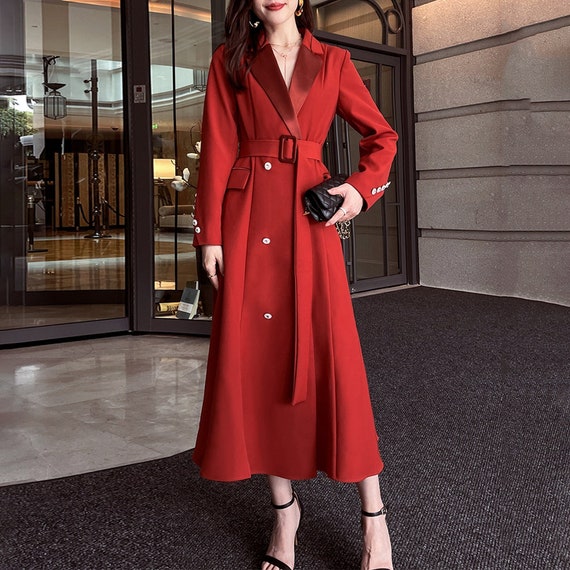 Women Red Trench Coatwedding Coatdouble Ted Long Trench Coatwedding Coatdouble Ted, Wearing A Trench Coat To Wedding