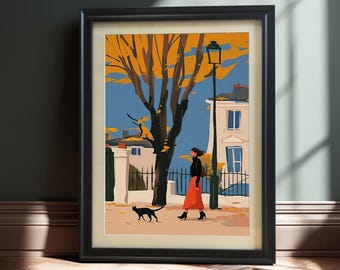 Autumn Street Scene Framed Giclée Print: Woman and Cat Fall Decor