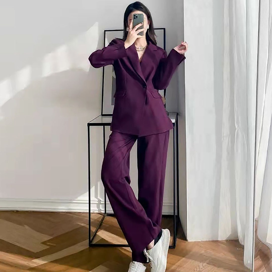 Women Beige Pantsuit2-piece Blazer Wide Leg Pants Setpurple - Etsy