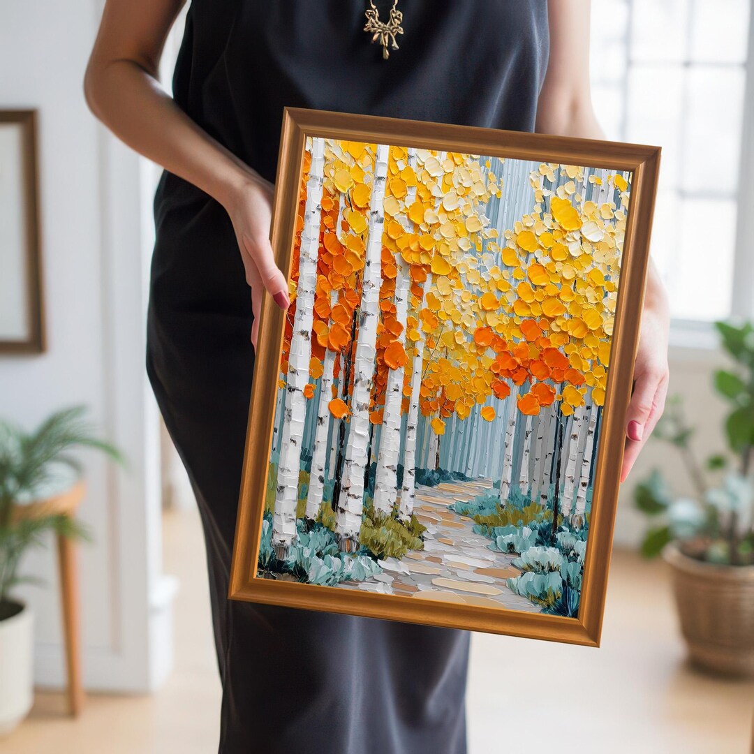 秋のアスペンの森の油絵アートプリント：木製フレーム、壁掛け装飾