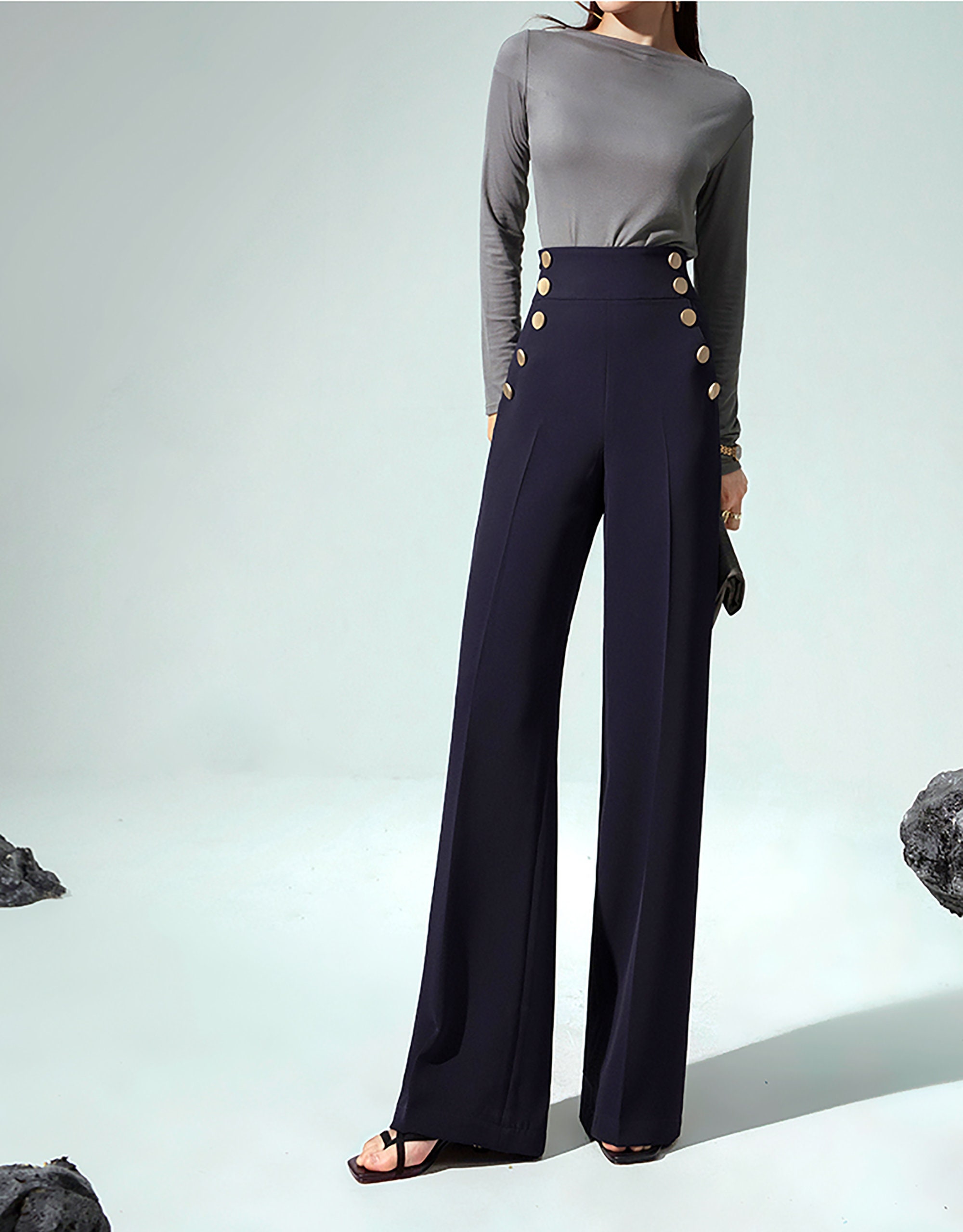 Super High-waist Long Pantsnavy Blue Wide-leg Pantsspring - Etsy