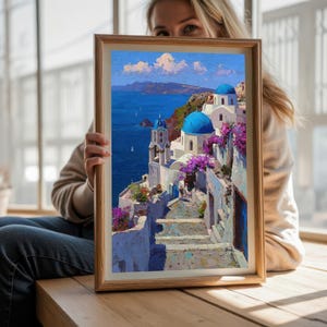 Santorini Seascape Print: Blue Dome Village, Mediterranean Wall Art (Digital Download