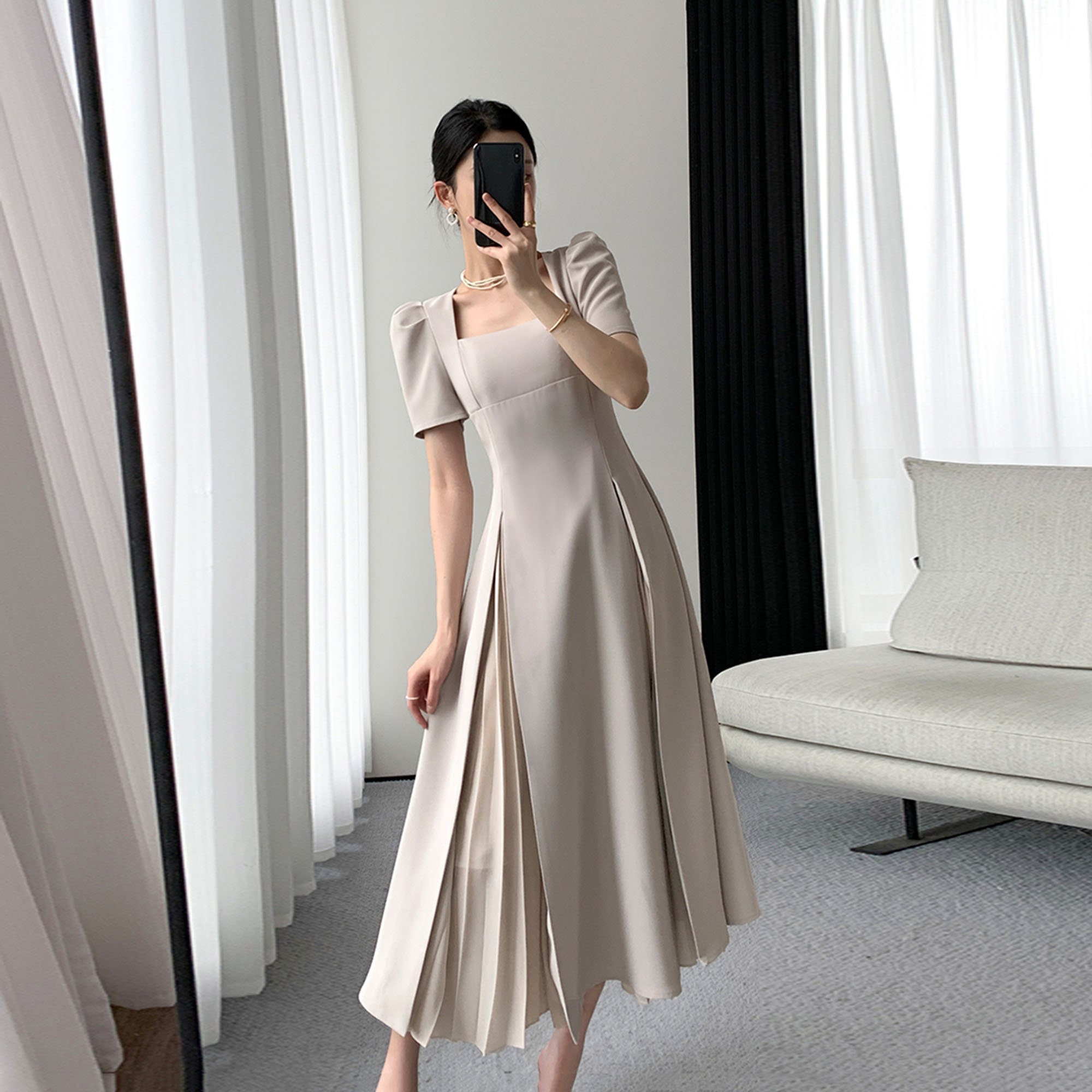Cream Long Dresspleated Dressivory Midi Dressbusiness Woman Etsy