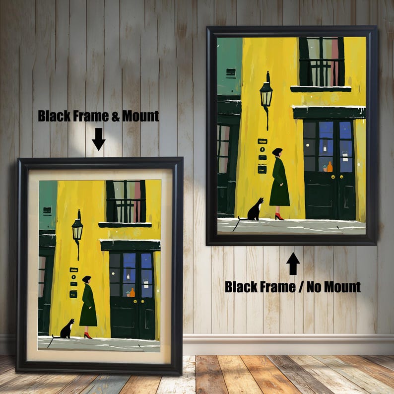 Two framed versions of the wall art print are shown against a white wooden wall. The image on the left, labeled "Black Frame & Mount," shows the print with a mat inside a black frame. The image on the right, labeled "Black Frame / No Mount," shows the print directly framed in black without a mat.
