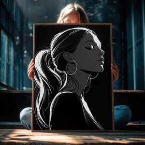 Minimalist Woman Portrait Art Print: Black and White Ponytail (Digital Download)
