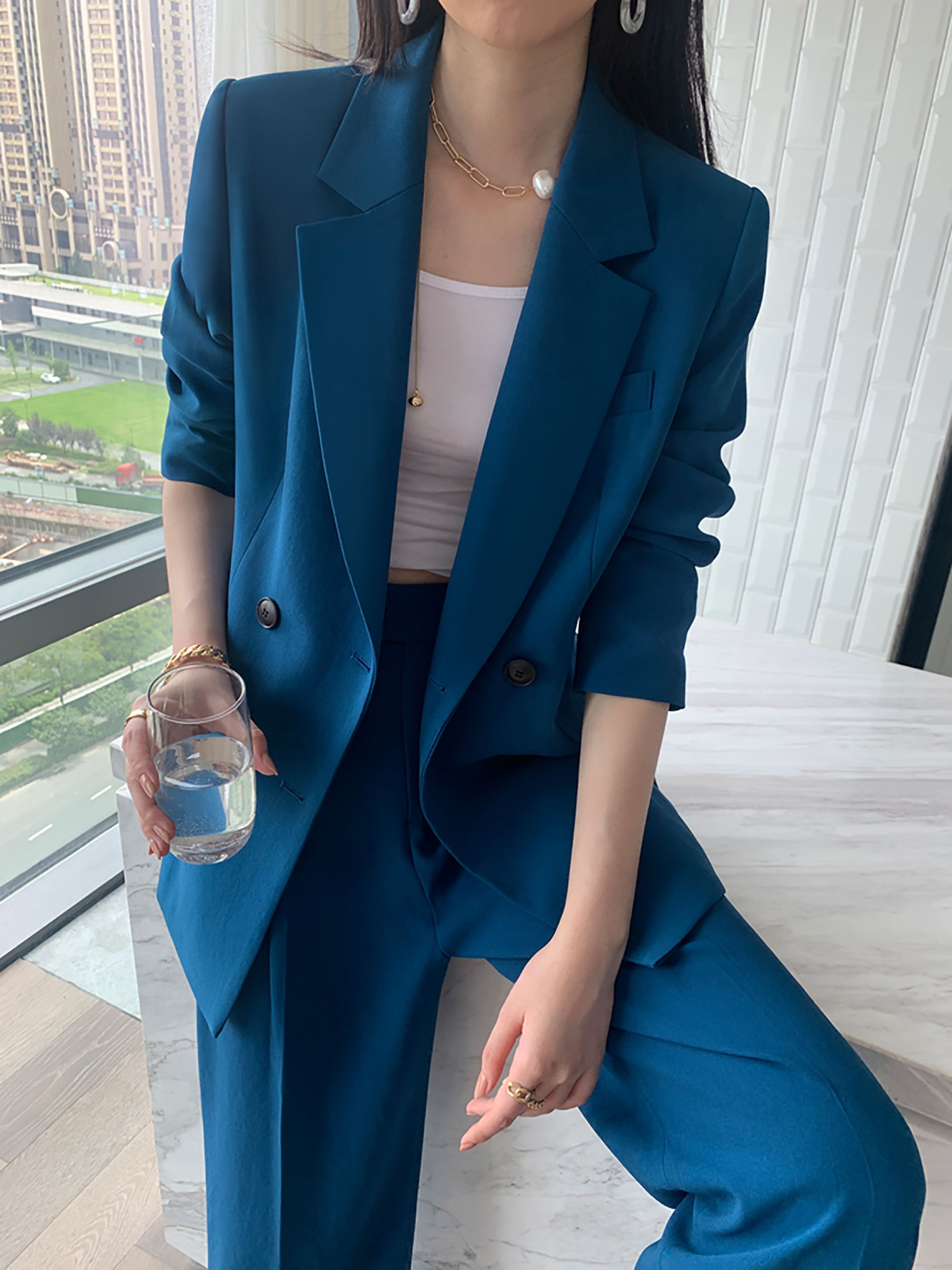 Women's Blue Pantsuit Setsblazer and Wide Leg Pants Suit - Etsy