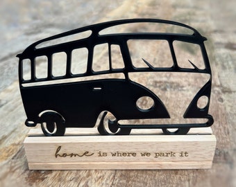 Retro Camper Bulli / Bus - acrylique noir, mat sur support en bois, camping