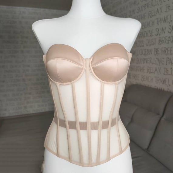 Beige Transparent Corset, Nude Corset Top, Tight Mesh Corset