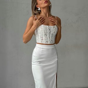 Bridal satin skirt, elegant two piece wedding dress with lace corset top, classic pencil skirt