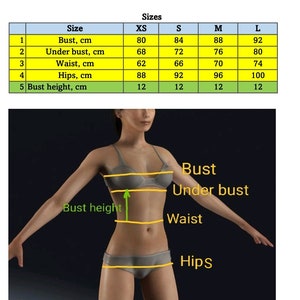 May include: A size chart for women's clothing with measurements in centimeters for bust, under bust, waist, hips, and bust height. The chart shows sizes XS, S, M, and L.