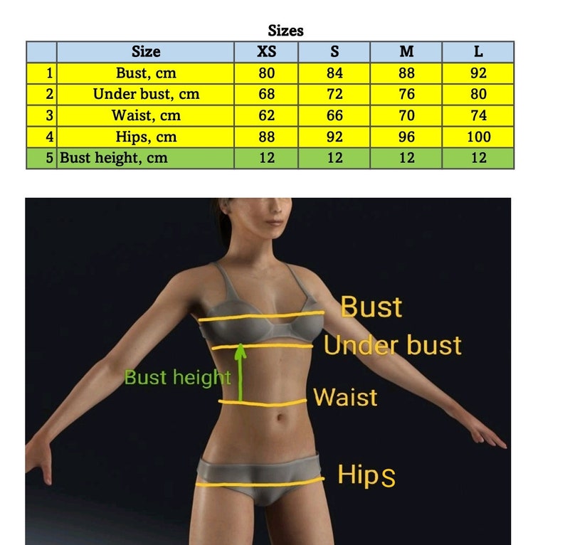 May include: A size chart for women's clothing with measurements in centimeters for bust, under bust, waist, hips, and bust height. The chart shows sizes XS, S, M, and L.