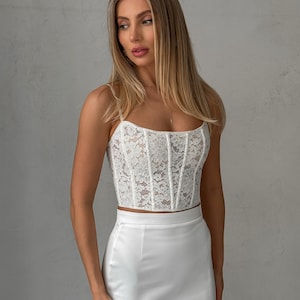 Off-white wedding lace corset top with thin straps, handmade corset, ivory corset, transparent corsets, overbust corset, crop top