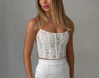 Off-white wedding lace corset top with thin straps, handmade corset, ivory corset, transparent corsets, overbust corset, crop top