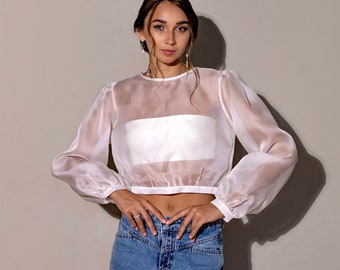 Silk blouse with top bando, off-white organza 100% silk blouse with puff sleeves, wedding cover up, bridal blouse, sheer blouse, bridal gown