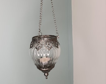 Moroccan Style Hanging Ribbed Glass Tealight Holder.