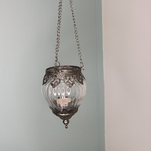 Moroccan Style Hanging Ribbed Glass Tealight Holder.