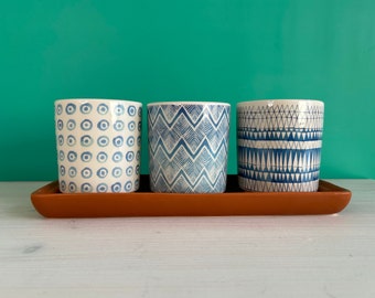 Set of 3 Small Blue Pattern Ceramic Plant Pots on a Terracotta Style Plate