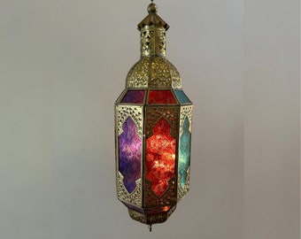 Large Gold Finish Hanging Multicolour Glass Lantern