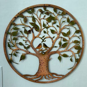 Large Rustic Garden Wall Plaque. Rusty Tree with Love Birds. Garden/Patio/Conservatory Wall Hanging.