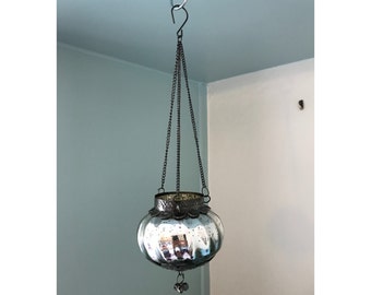 Small Hanging Silver Crackle Glass Moroccan Style Tea Light Holder / Lantern