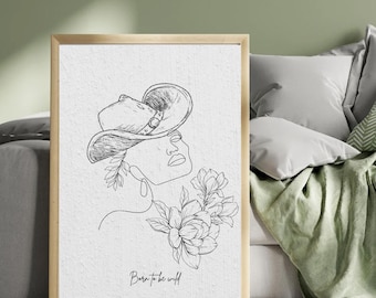 Schizzo di una cow girl nata per essere selvaggia / opera d'arte murale in stile western. Poster con stampa digitale neutra, decorazione per la casa in stile minimalista, regalo di inaugurazione della casa.