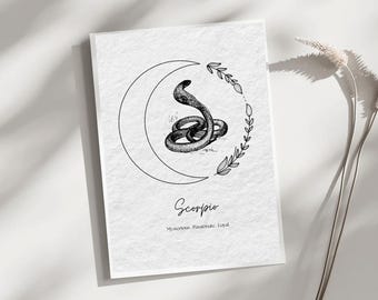 Illustrazione dell'animale spirituale dello Scorpione, segno zodiacale, simbolo zodiacale del serpente, arte murale minimalista neutra, stampa di poster, arredamento per la casa, regali personali.