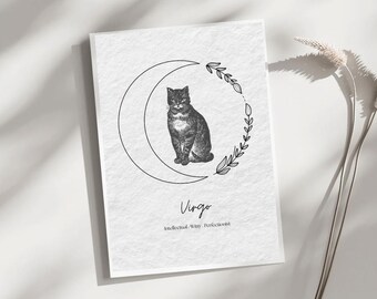 Illustrazione di un gatto, segno zodiacale, spirito animale della Vergine, arte murale minimalista neutra, stampa di poster, arredamento per la casa, regali personali.