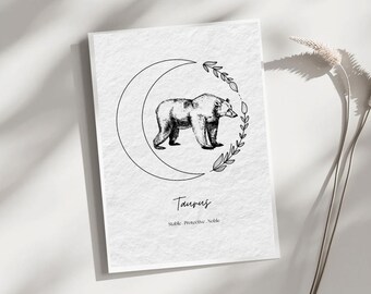 Animale spirituale del Toro, segno zodiacale, simbolo zodiacale dell'orso, illustrazione di un orso, arte murale minimalista neutra, stampa di poster, arredamento per la casa, regali personali.