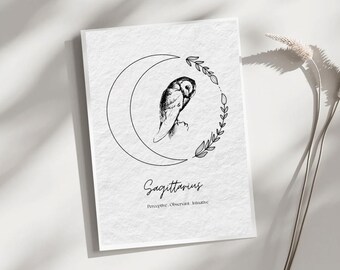 Animale spirituale del Sagittario, segno zodiacale, simbolo zodiacale del gufo, illustrazione, arte murale minimalista neutra, stampa di poster, arredamento per la casa, regali personali.