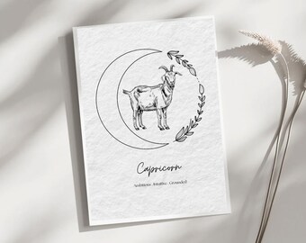 Capricorno, animale spirituale, segno zodiacale, simbolo zodiacale della capra, illustrazione, arte murale minimalista neutra, stampa di poster, arredamento per la casa, regali personali.