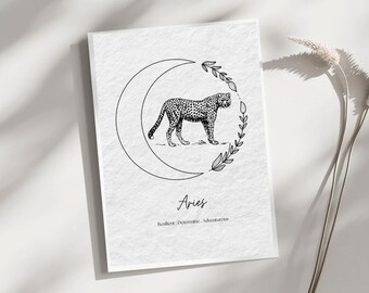 Animale spirituale dell'Ariete, segno zodiacale, simbolo zodiacale Leopardo, illustrazione, arte murale minimalista neutra, stampa di poster, arredamento per la casa, regali personali.